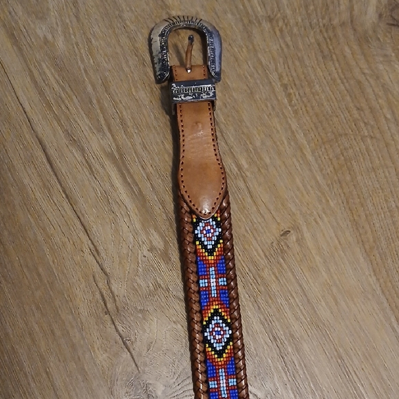 Brown Leather Belt with Colorful Beaded Design - Picture 3 of 6
